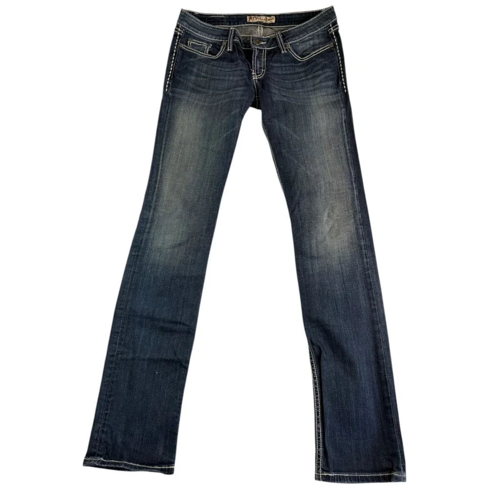 BKE Buckle Stella Straight Jeans Womens 29x35.5 (33x35)‎ Blue Whiskering Denim